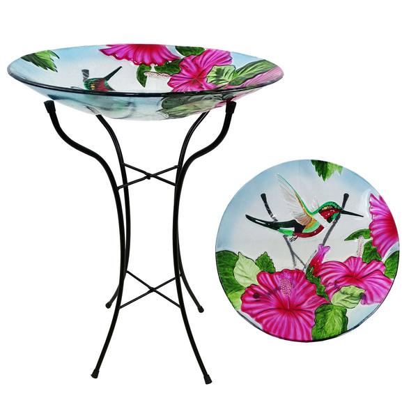 Alpine 18in. Flowers & Hummingbird Glass Birdbath w/ Metal Stand