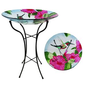 Alpine 18in. Flowers & Hummingbird Glass Birdbath w/ Metal Stand