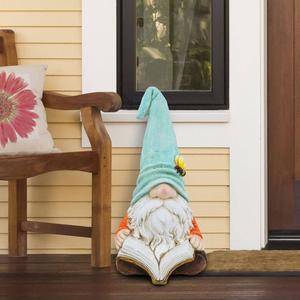 Alpine Turquoise Hat Gnome Reading Book Statue alternate view