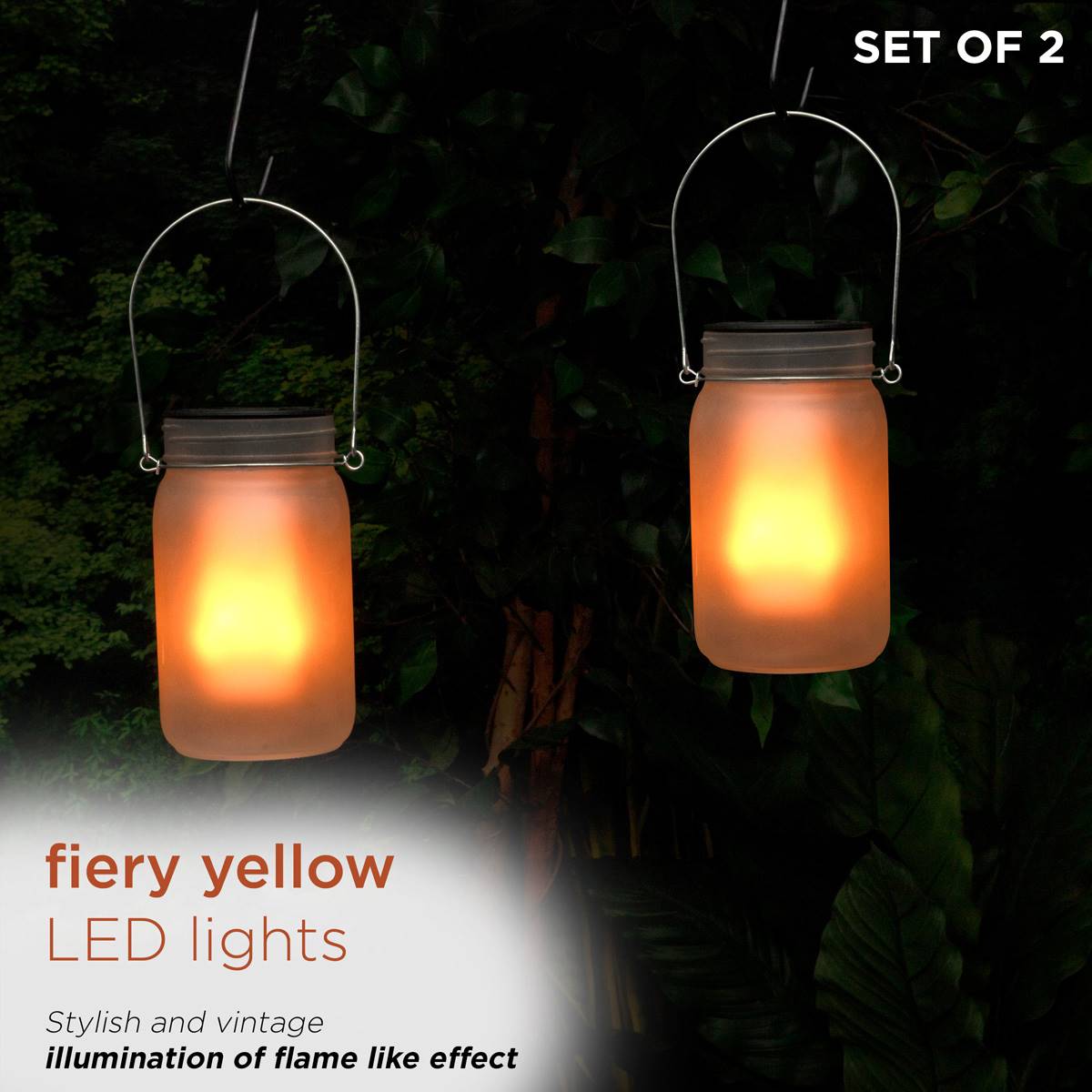 Alpine Solar Jar Glass Lanterns W/ LED Dancing Flame - Set Of 2