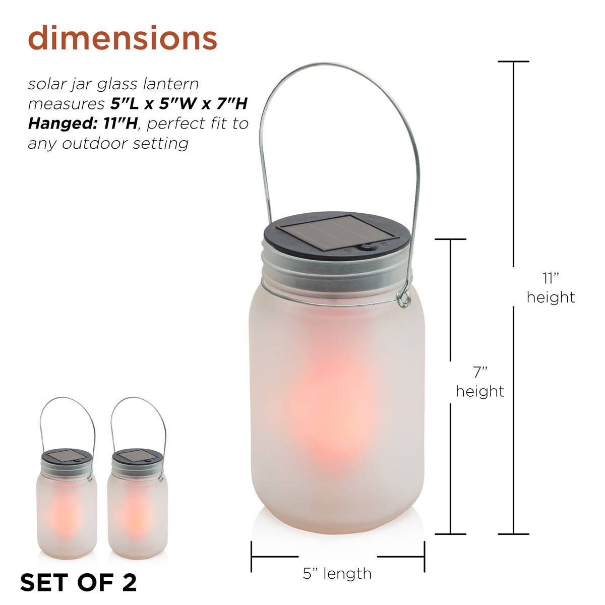 Alpine Solar Jar Glass Lanterns W/ LED Dancing Flame - Set Of 2