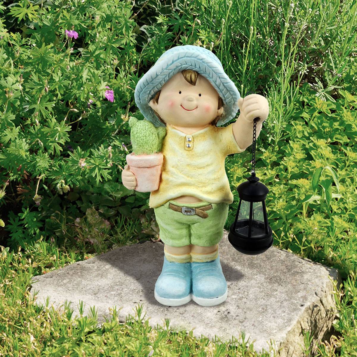 Alpine Solar Boy Statue Holding LED Lantern