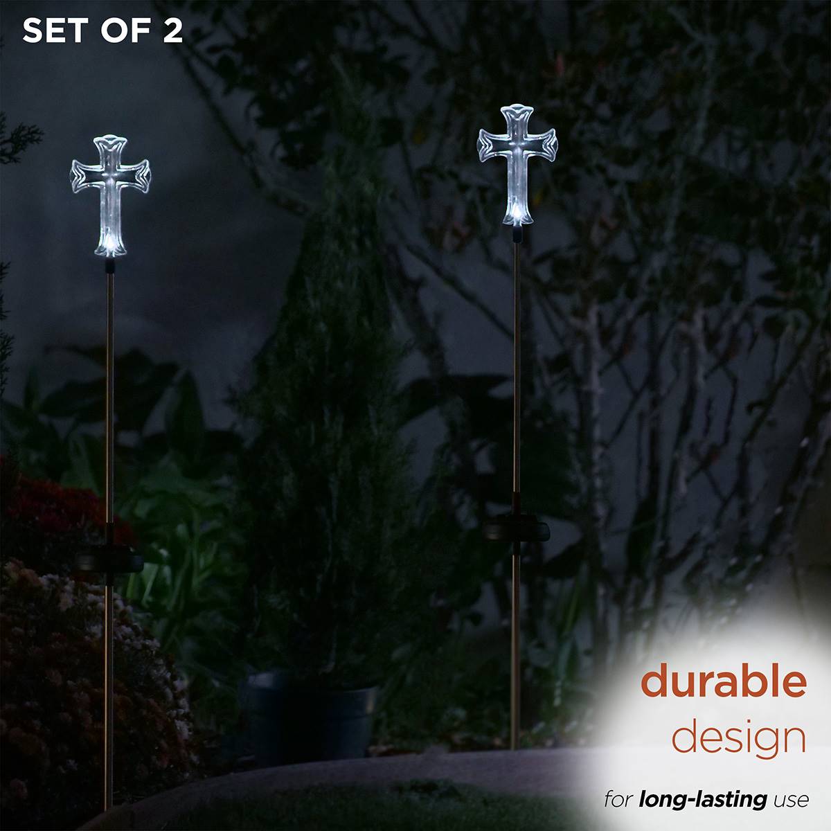 Alpine Solar Cross Garden Stake W/ LED Light - Set Of 2