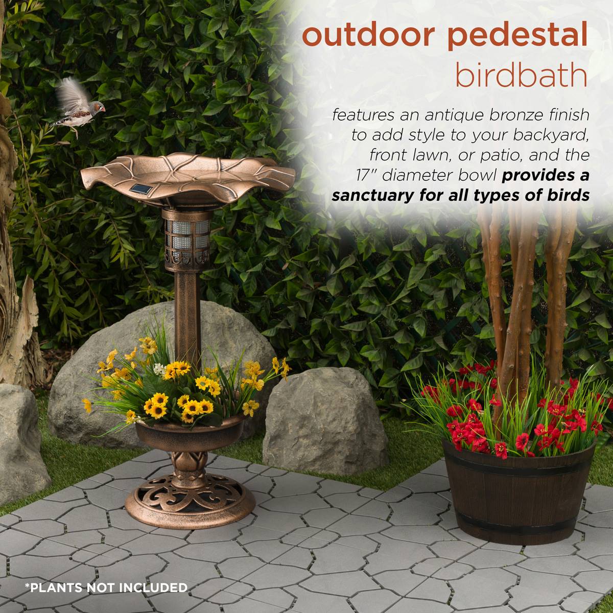 Alpine Solar LED Pesdestal Birdbath W/ Planter