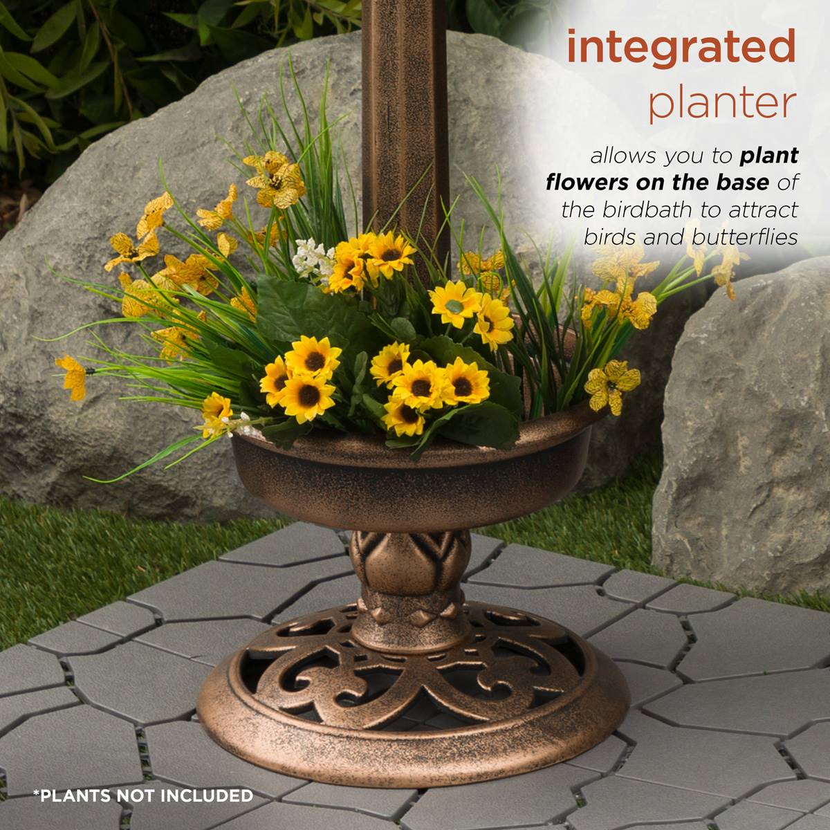 Alpine Solar LED Pesdestal Birdbath W/ Planter