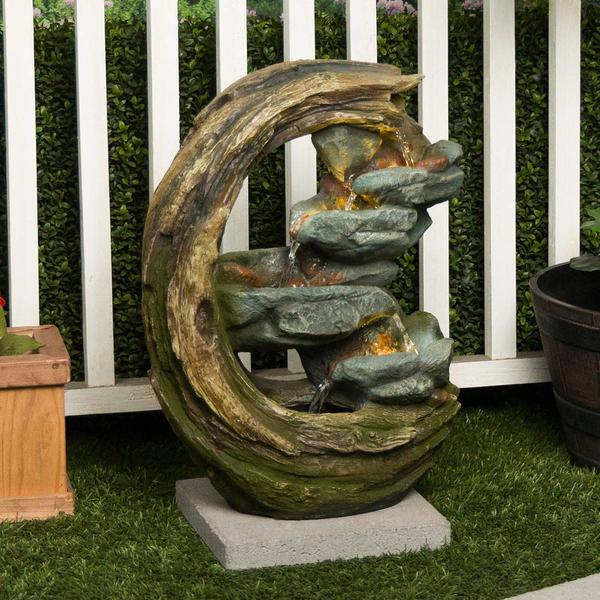 Alpine Curved Trunk & Stone Fountain with LED Lights alternate view
