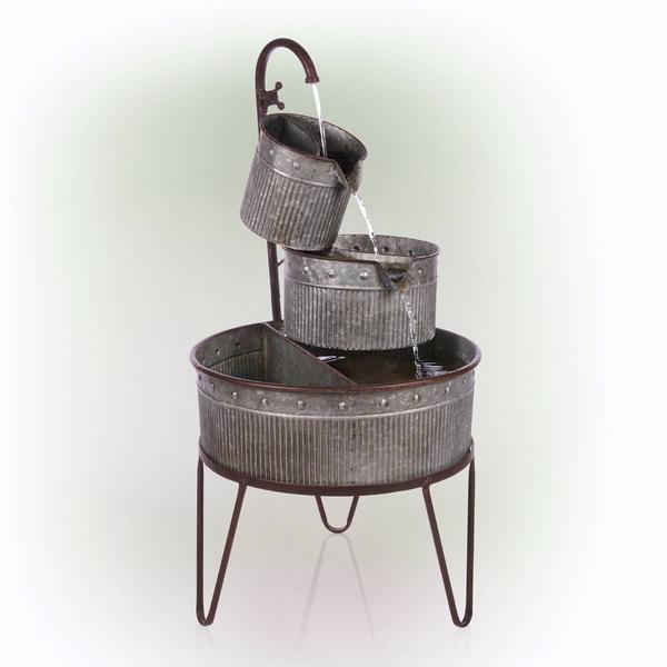 Alpine 3-Tier Stacked Rustic Metal Tub Planter Fountain