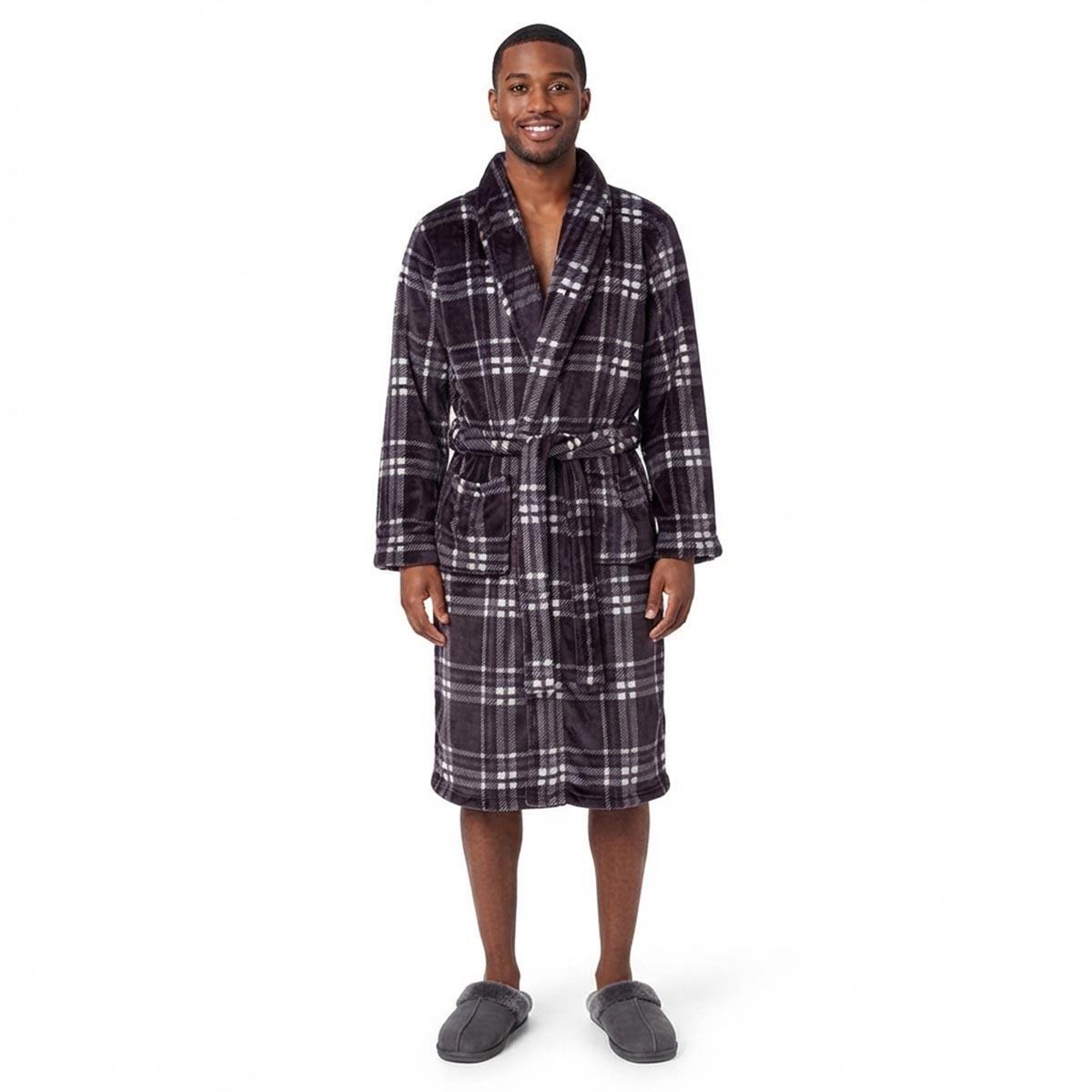 Mens Preswick & Moore(R) Plaid Velvet Robe - Grey/White