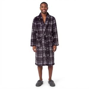 Mens Preswick & Moore(R) Plaid Velvet Robe - Grey/White