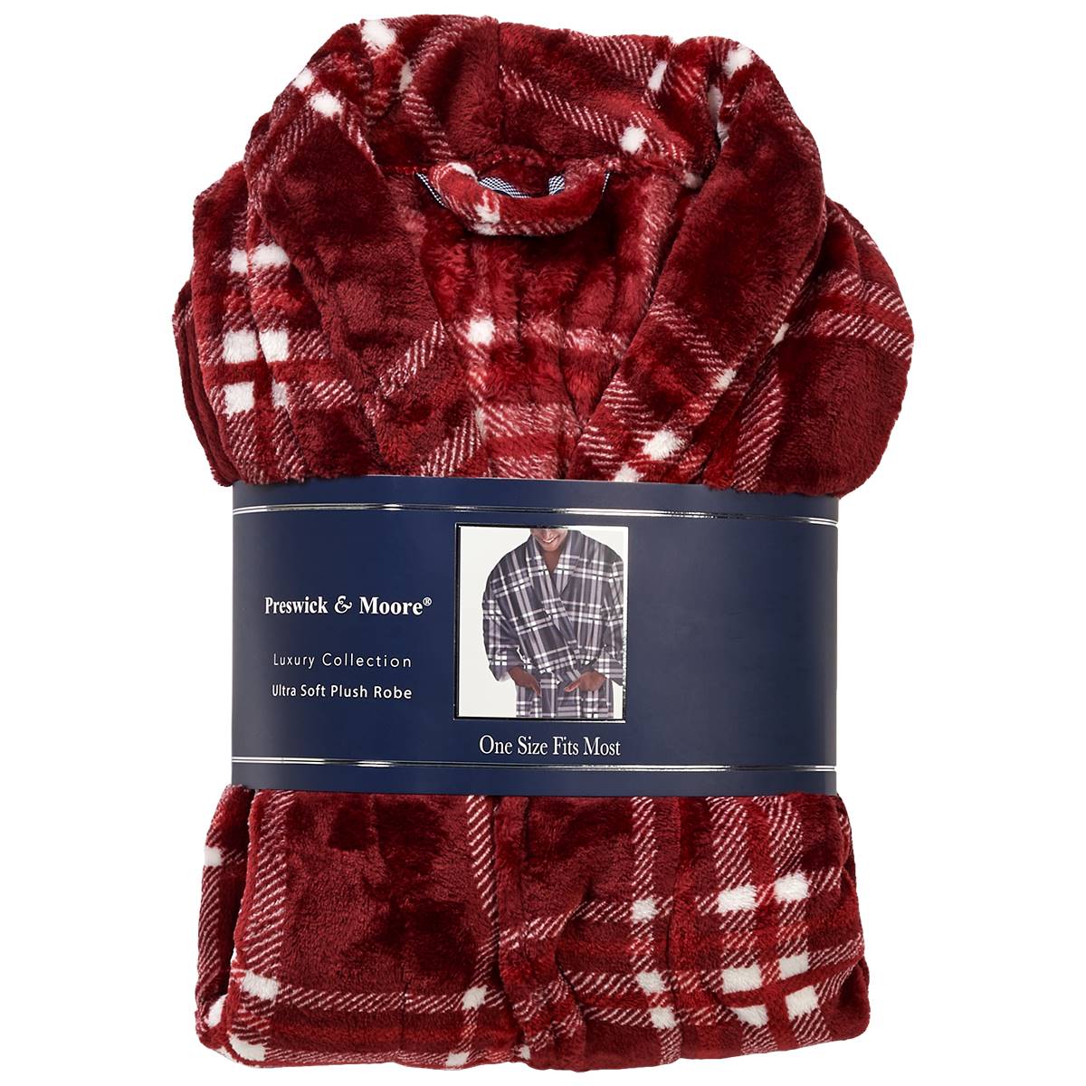 Mens Preswick & Moore(R) Plaid Velvet Robe - Burgundy/White