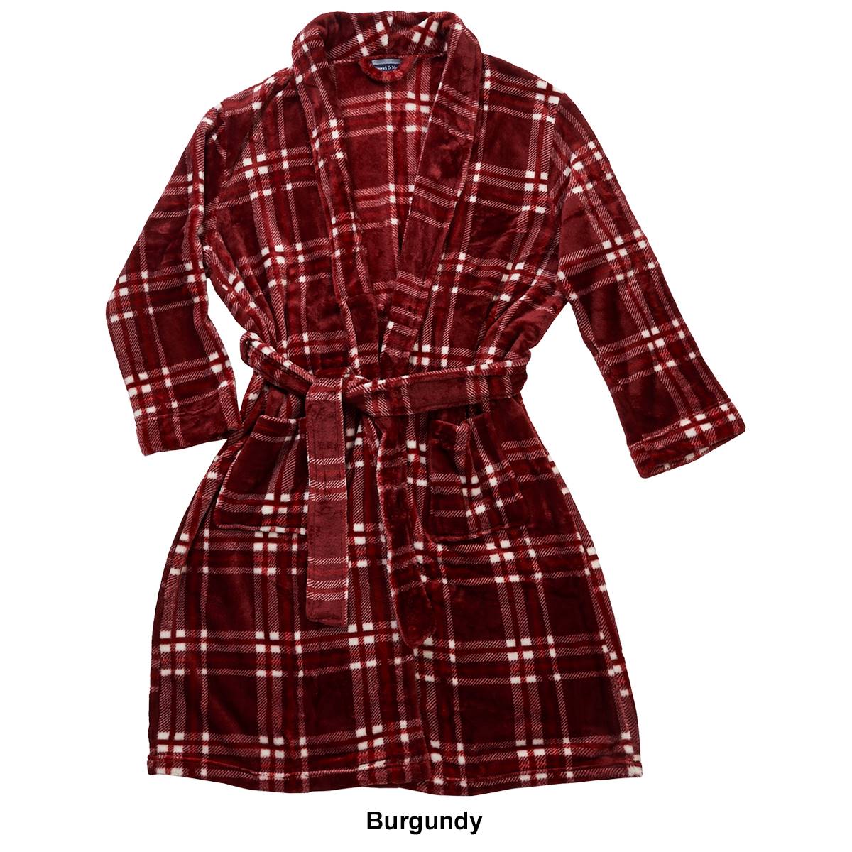 Mens Preswick & Moore(R) Plaid Velvet Robe - Burgundy/White