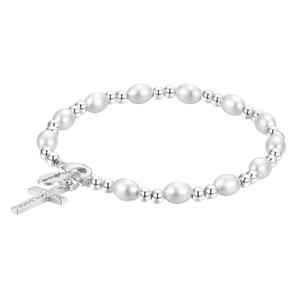 Shine Fine Silver Plated Crystal & Pearl Cross Believe Bracelet alternate view