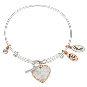 Shine Two-Tone Faith Heart & Cross Bangle Bracelet