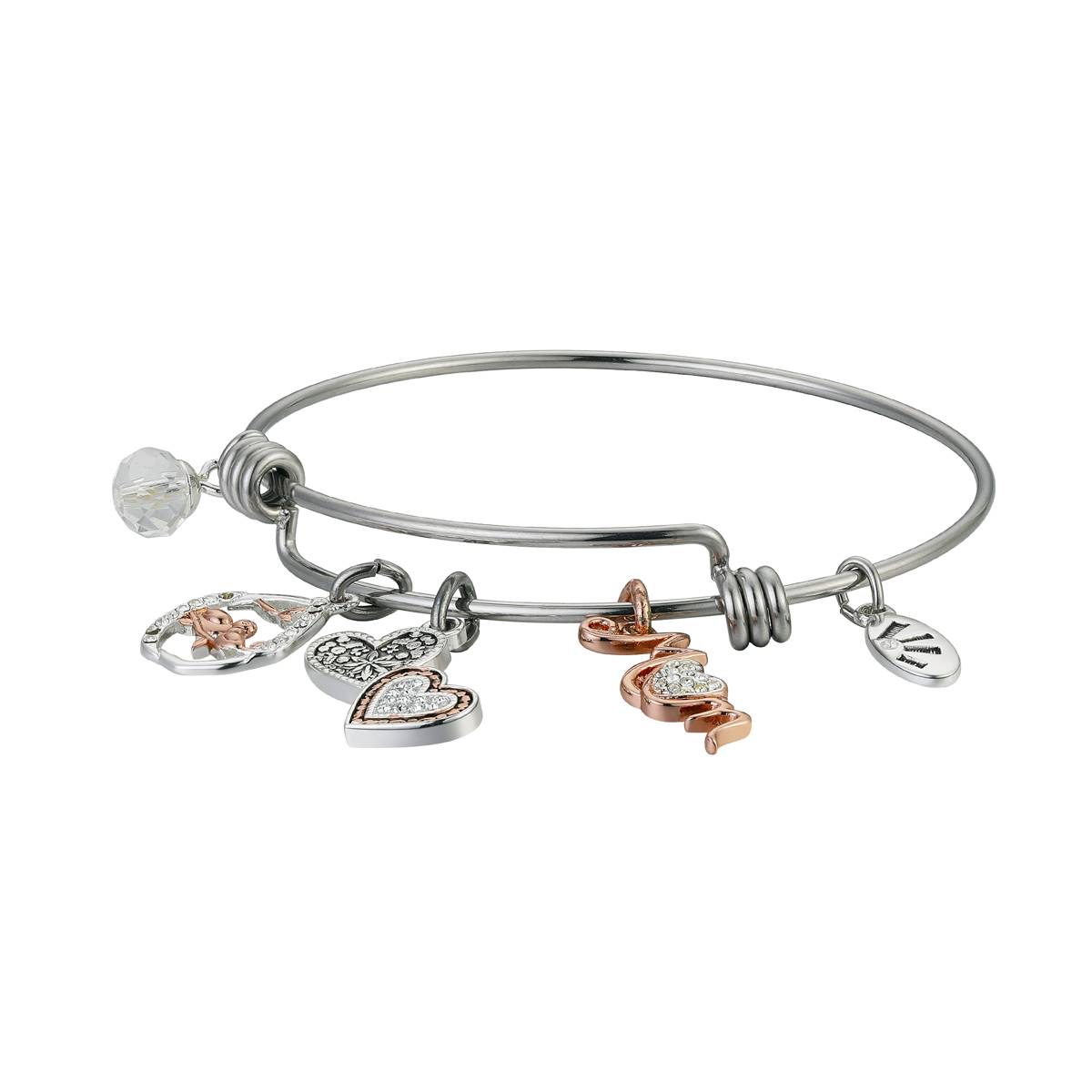 Shine Mom Birds & Hearts Clear Crystal Bangle Bracelet