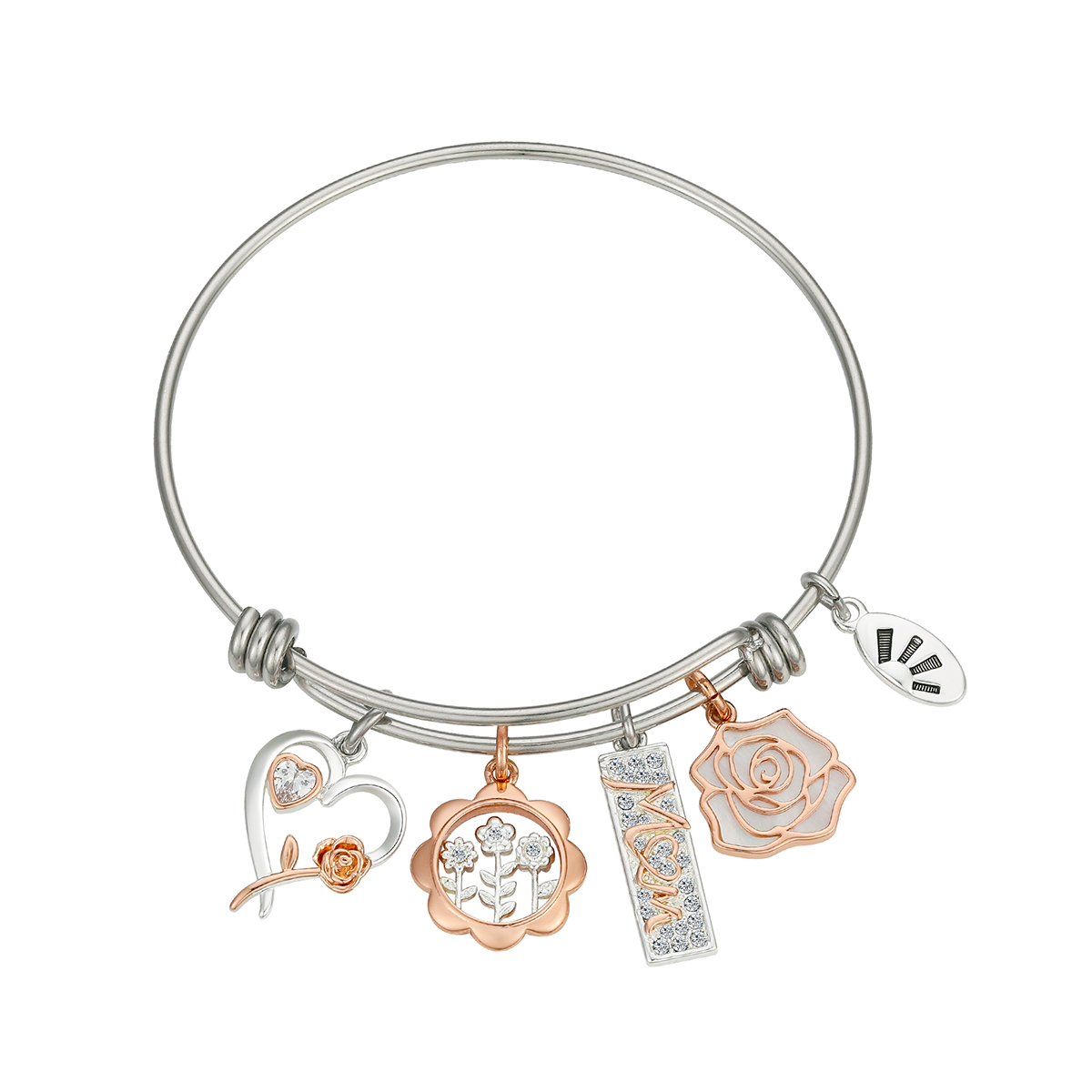 Shine Flower Mom Crystal Bar Heart & Flower Bangle Bracelet