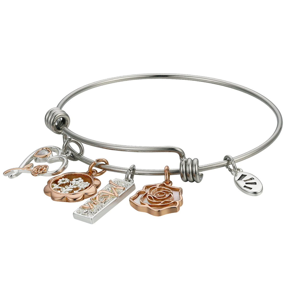 Shine Flower Mom Crystal Bar Heart & Flower Bangle Bracelet