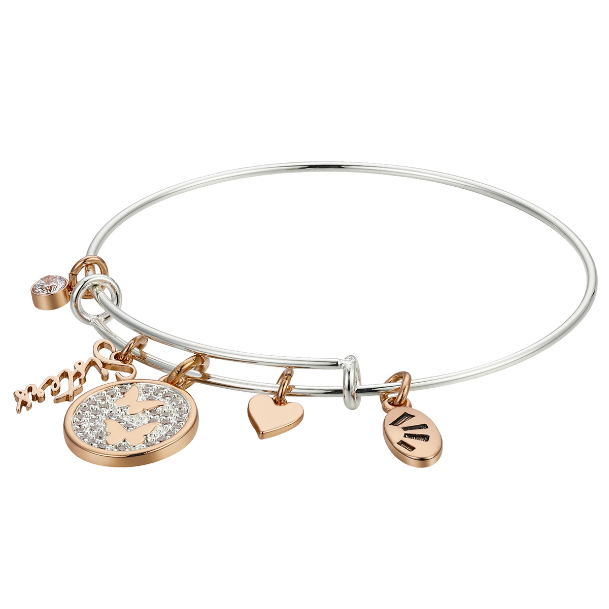 Shine Sisters Butterflies Heart & Bezel Bangle Bracelet