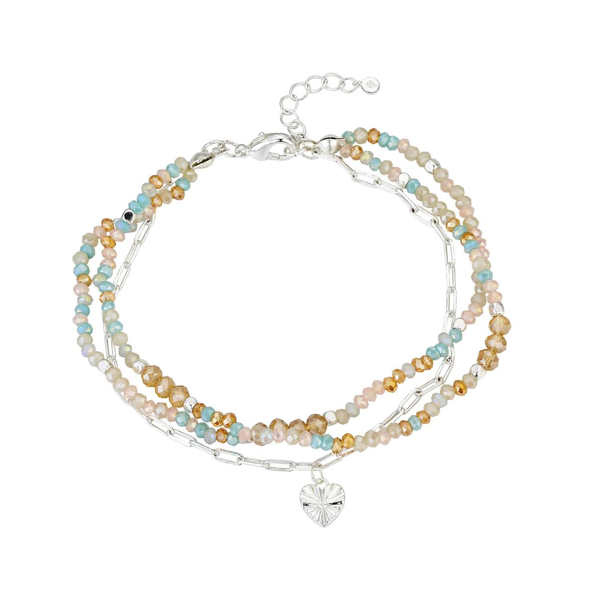 Shine Heart Link and Glass Bead Triple Strand Bracelet