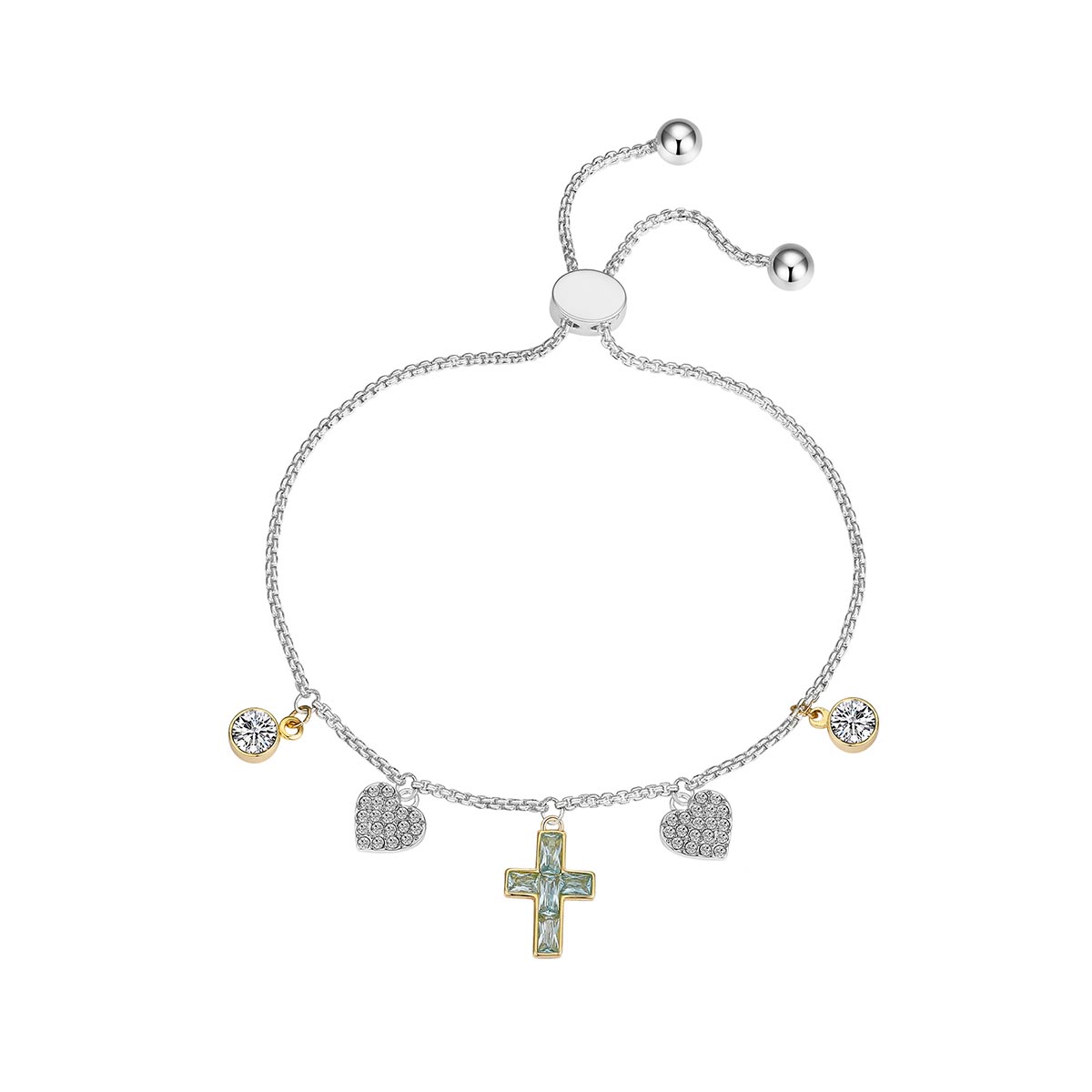 Shine Two-Tone Aquamarine Crystal Cross & Heart Bolo Bracelet