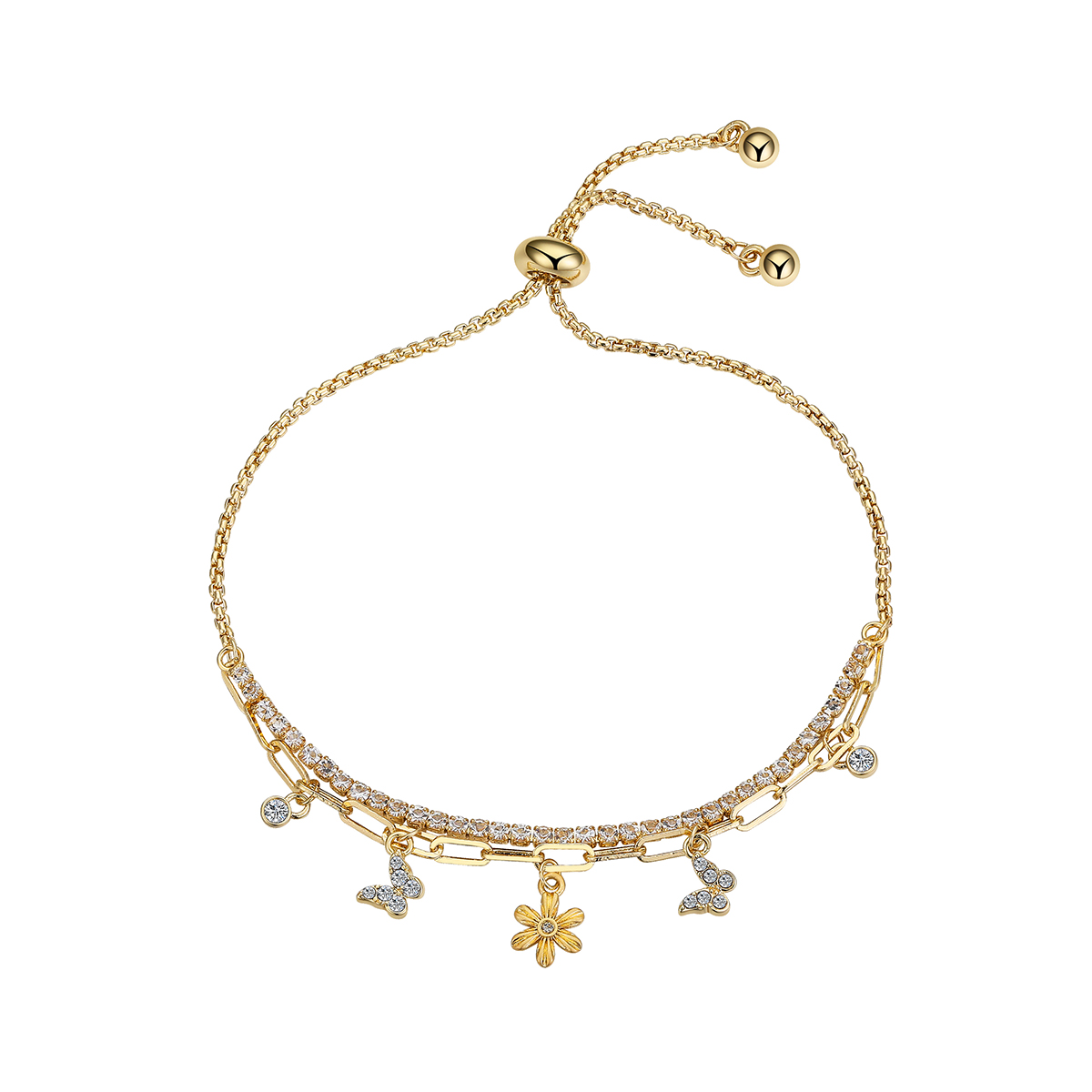 Shine Flower Butterflies & Bezel Double Strand Bolo Bracelet