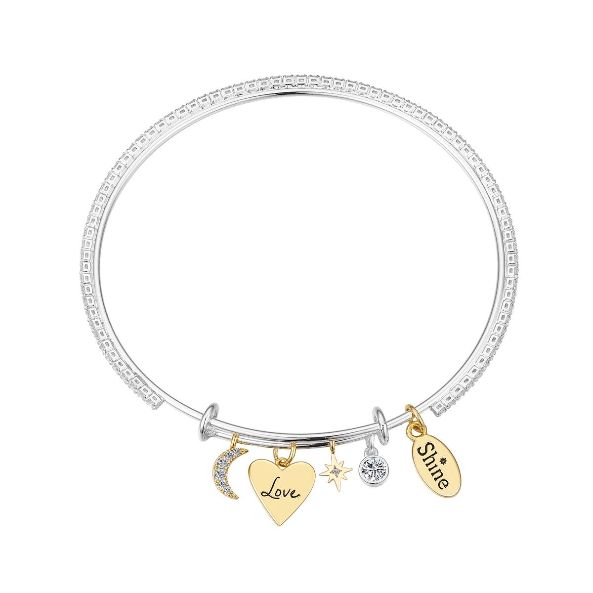 Shine Two-Tone Moon/Heart/Star Bangle Charm Bracelet