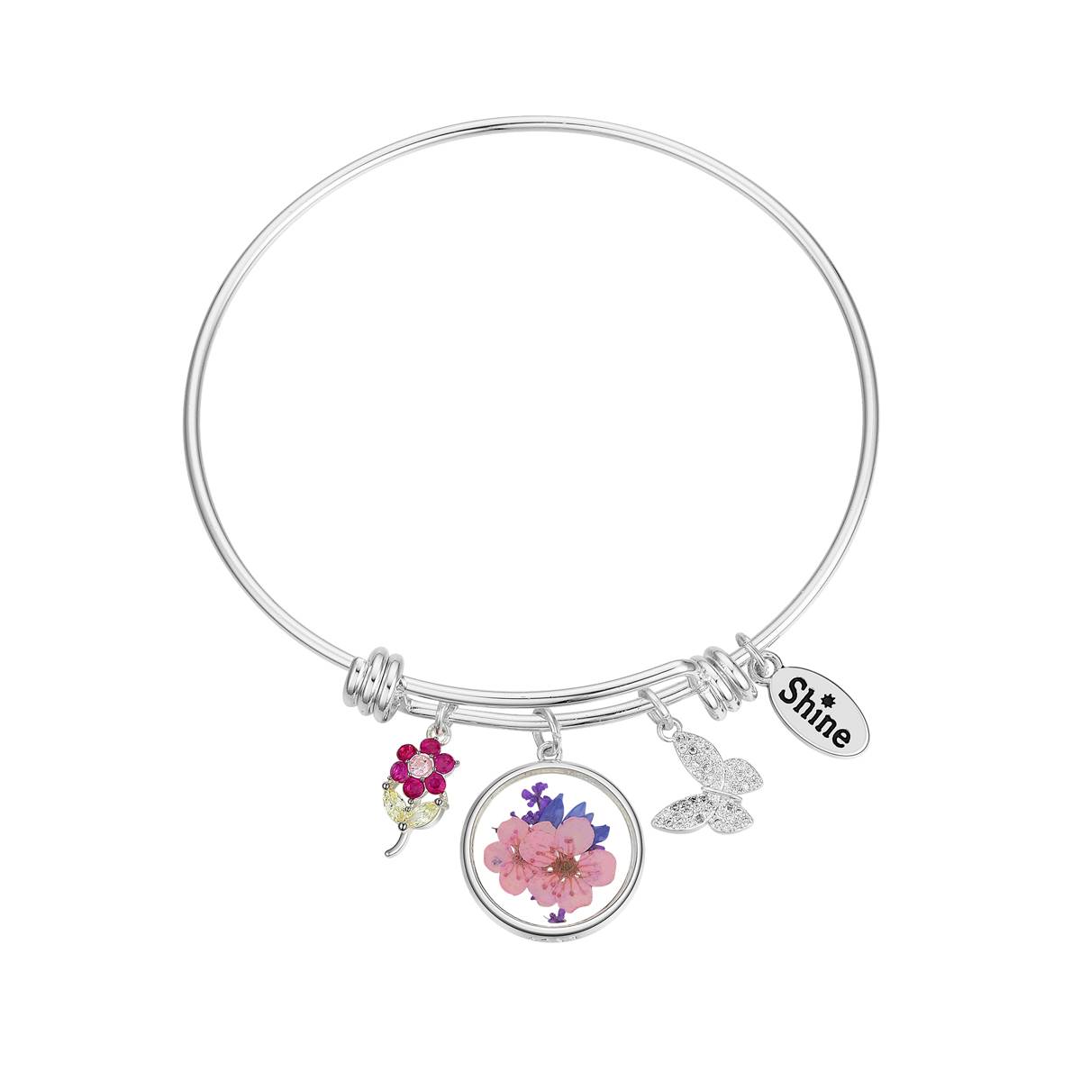 Shine Fine Silver Plated CZ Flower/Butterfly/Flower Bracelet