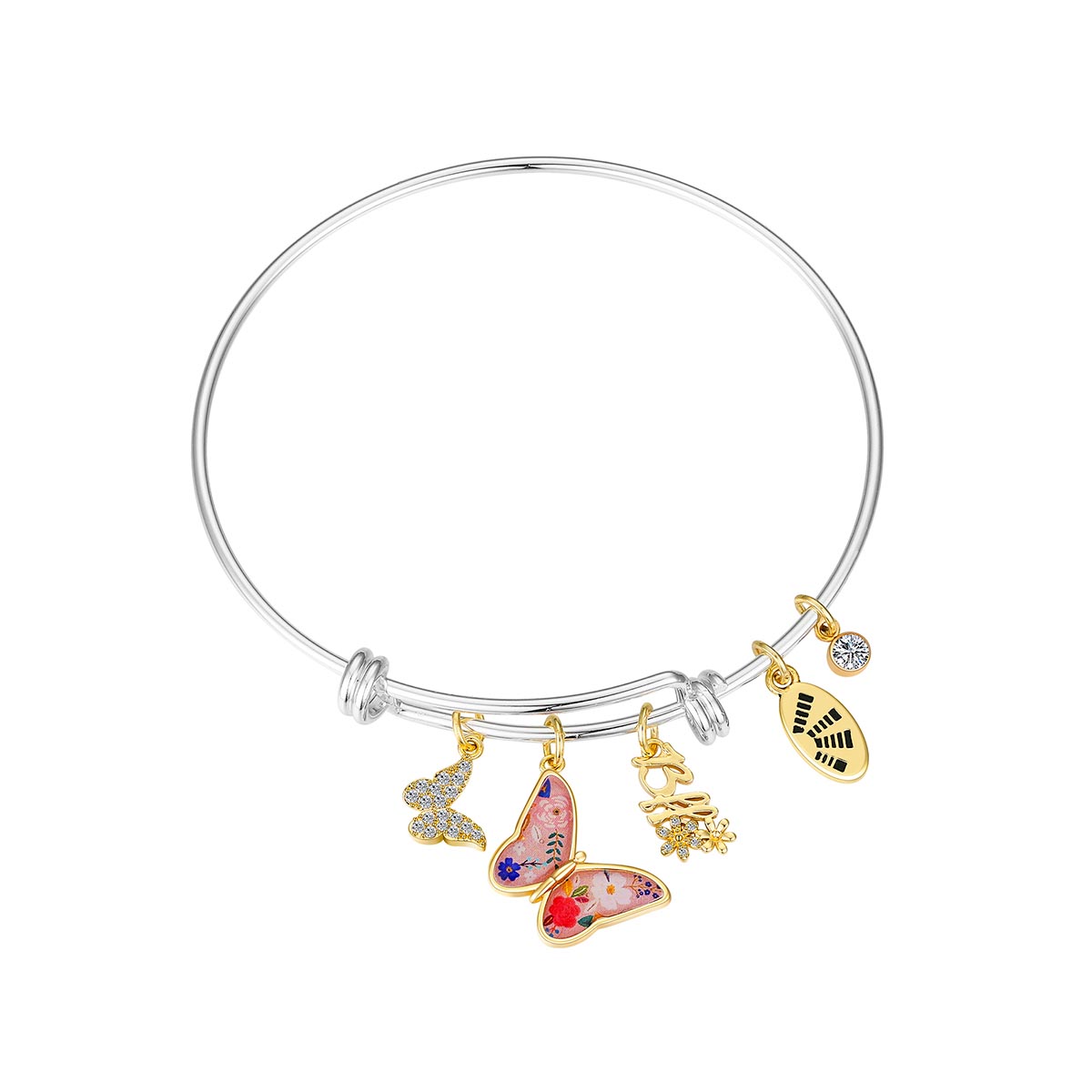 Shine Two-Tone CZ Butterfly BFF Adjustable Bangle Bracelet