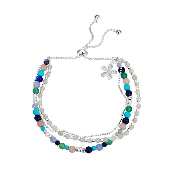 Shine Fine Silver Plated Flower Bead Triple Strand Bolo Bracelet