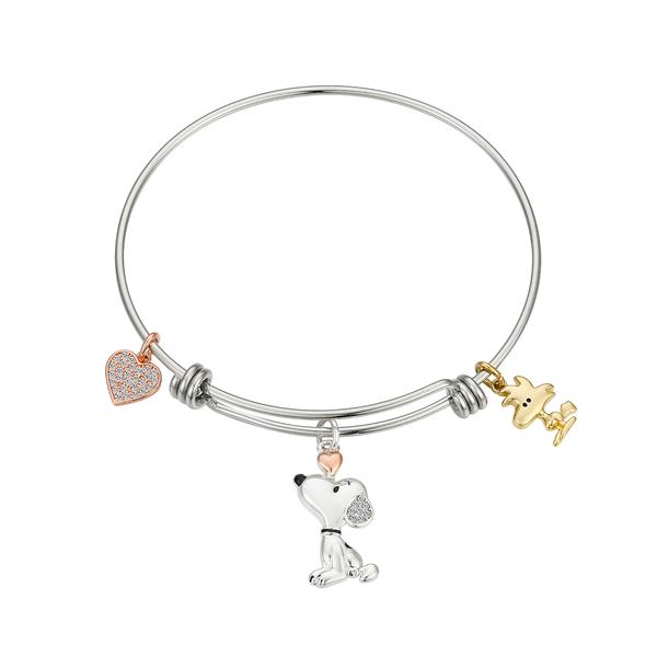 Shine Peanuts(tm) Snoopy & Woodstock Crystal Heart Bangle Bracelet