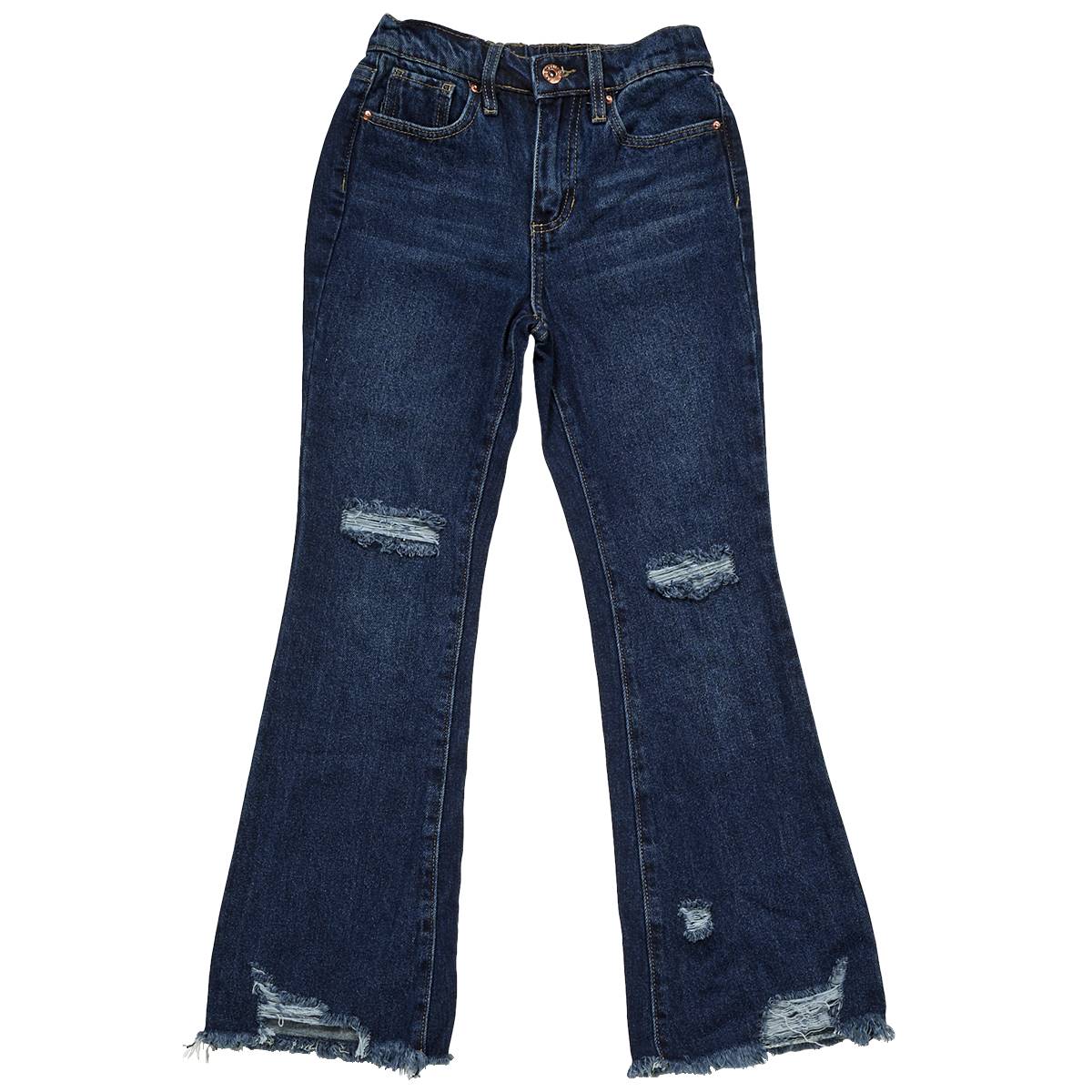 Girls (7-14) YMI(R) Destructed Flared Fit Elastic Back Jeans