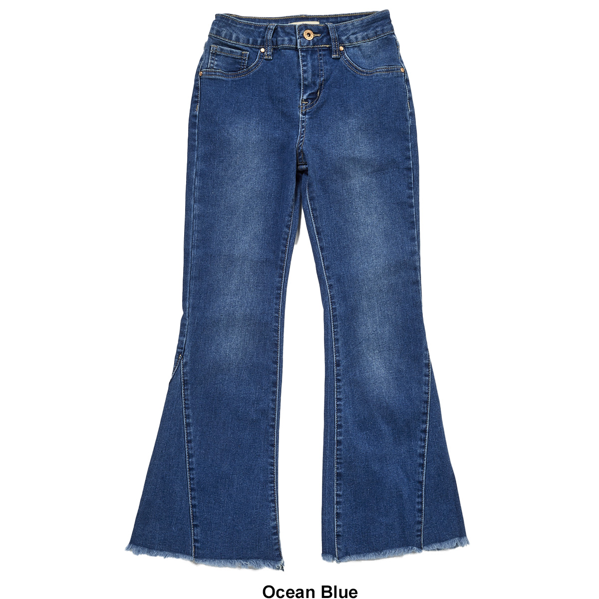 Girls (7-16) YMI(R) 1-Button High Rise Flared Raw Hem Jeans