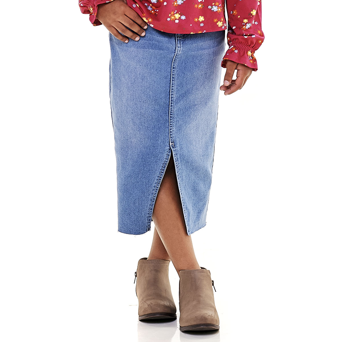 Girls (7-14) YMI(R) Denim Long Skirt W/ Front Slit & Raw Hem