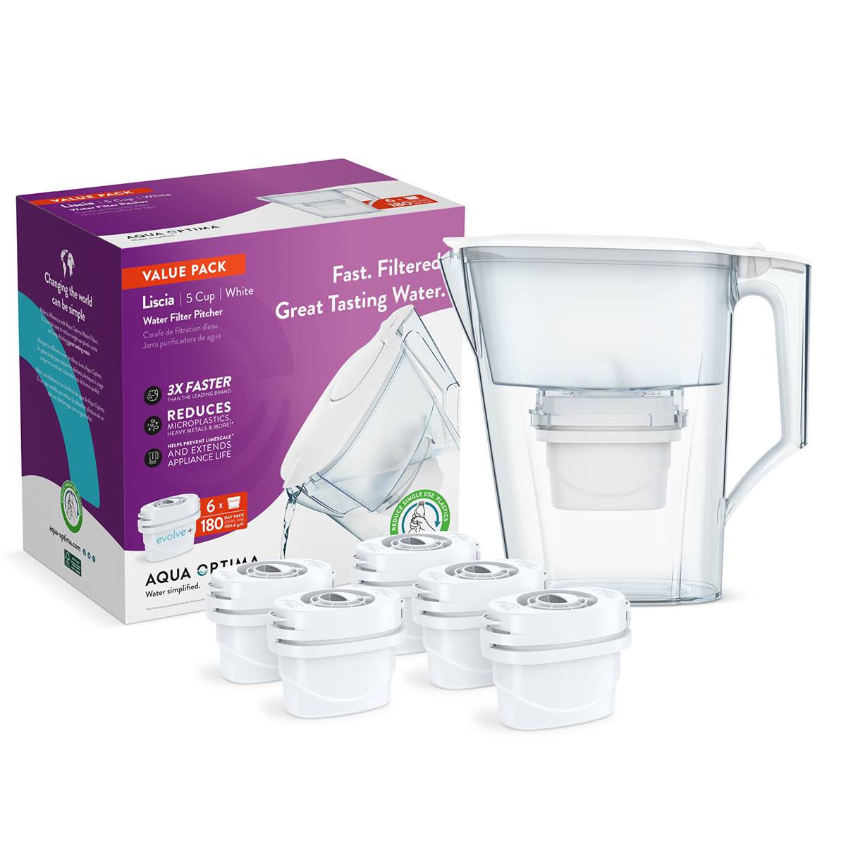 Aqua Optima Liscia Water Filter Pitcher Set W/6 Evolve+ Filters