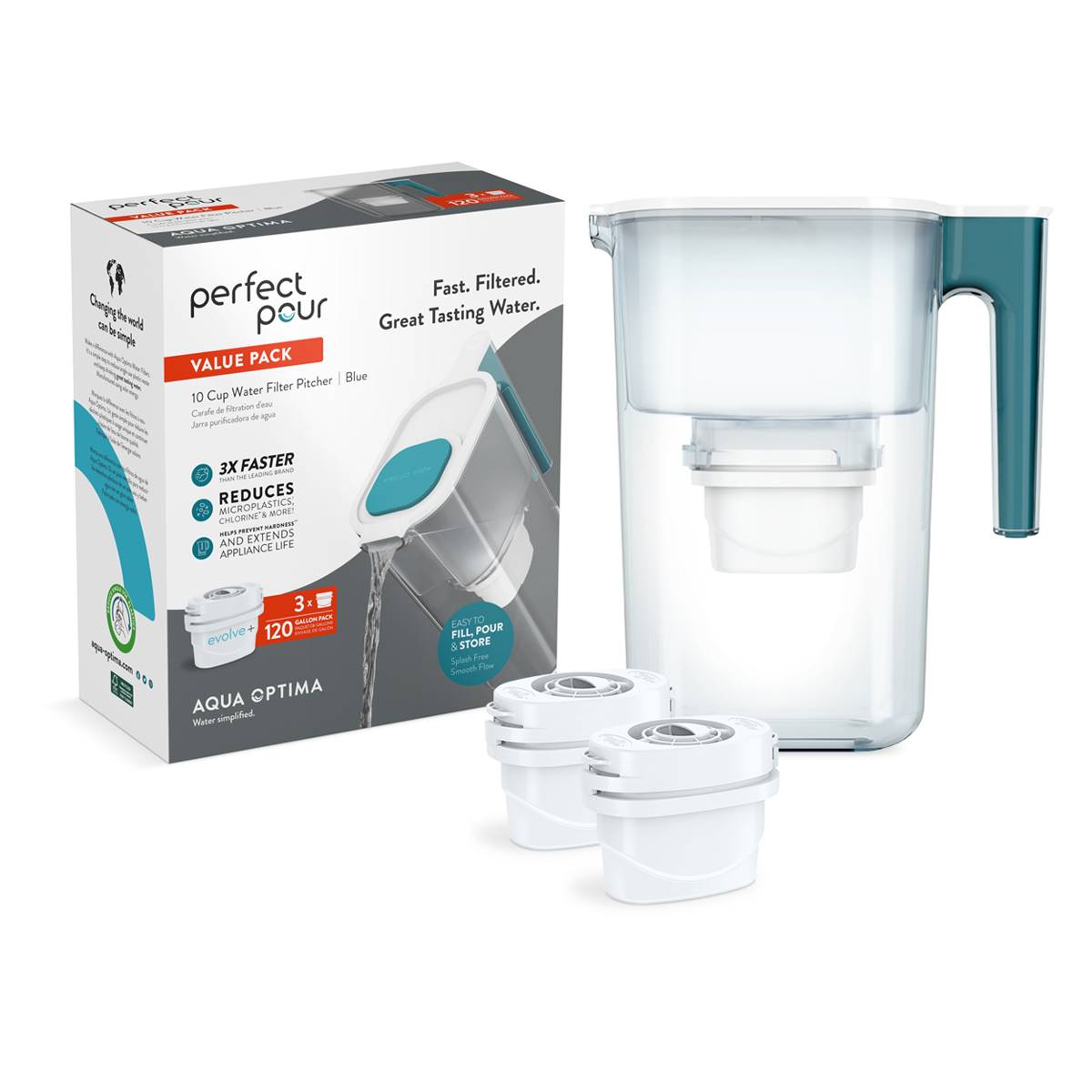 Aqua Optima Large Water Filter Pitcher W/ 3 Evolve+ Water Filters