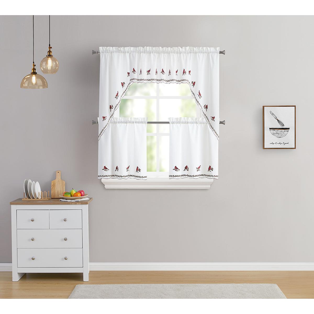 Cardinal and Holly Embroidered Kitchen Curtain Panels