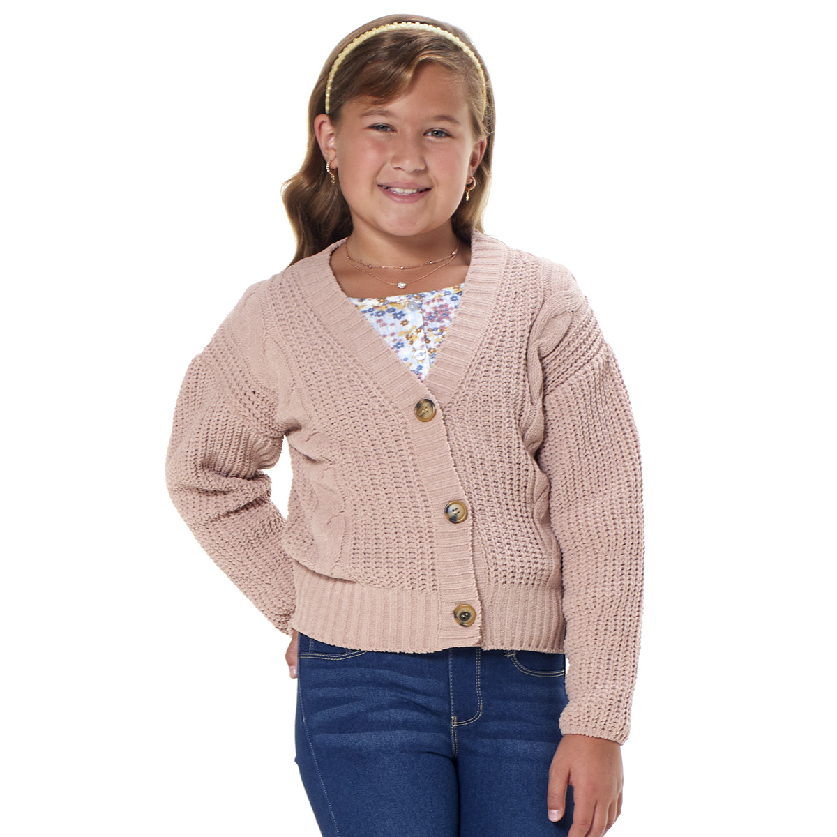 Girls (7-16) Poof Girl Matte Chenille Cardigan Sweater