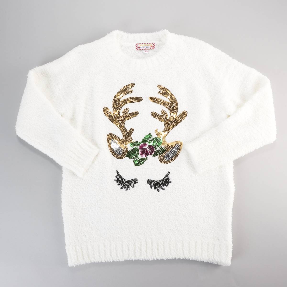 Girls (7-16) Poof Girl Sequin Reindeer Chenille Sweater