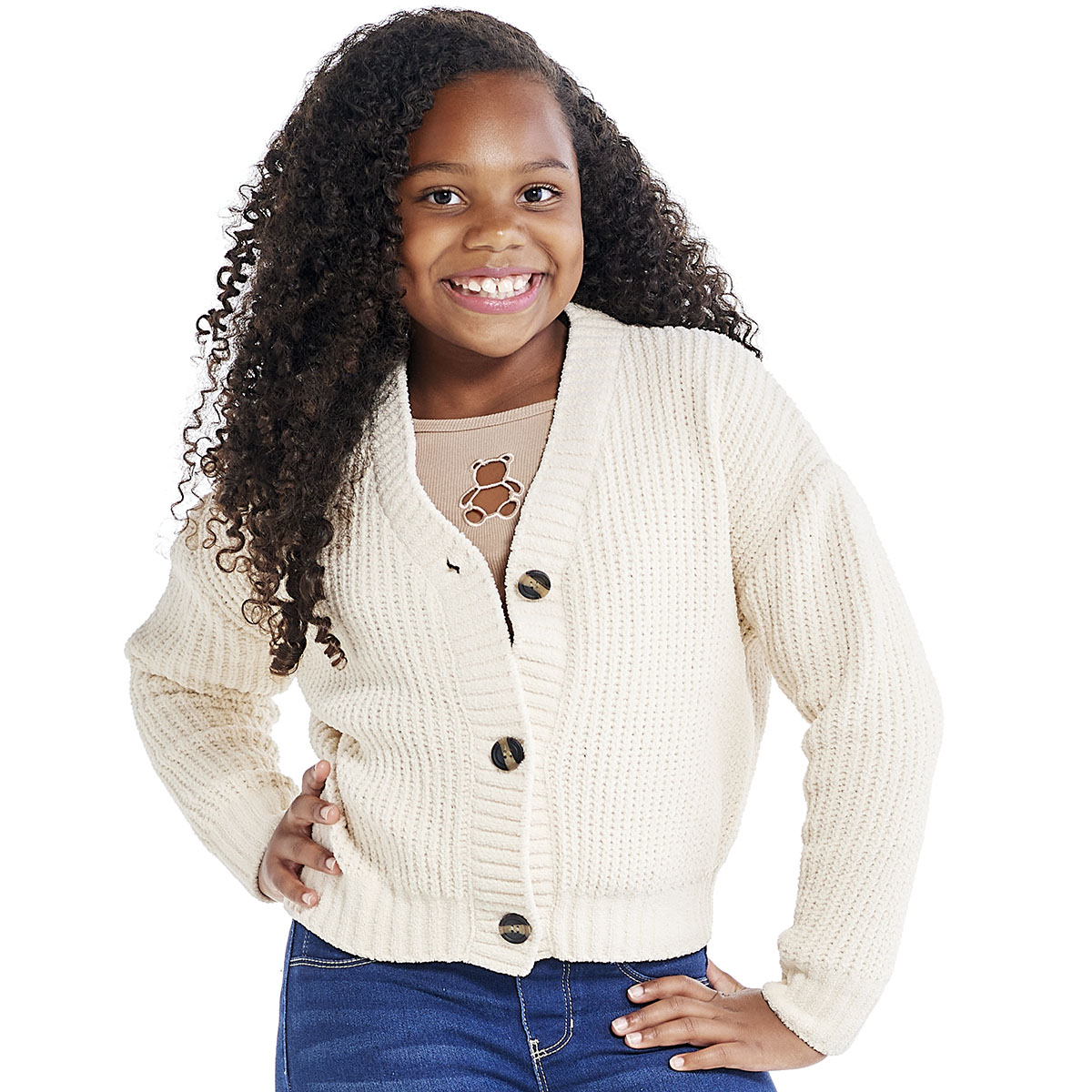 Girls (7-16) Poof Girl Matte Chenille Button Front Cardigan