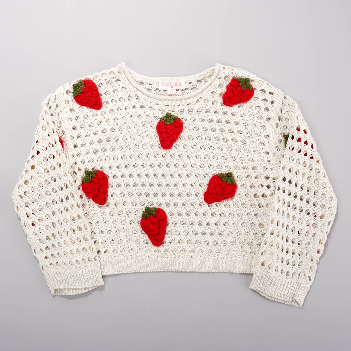 Girls (7-16) Poof Girl Long Sleeve Strawberry Crochet Sweater