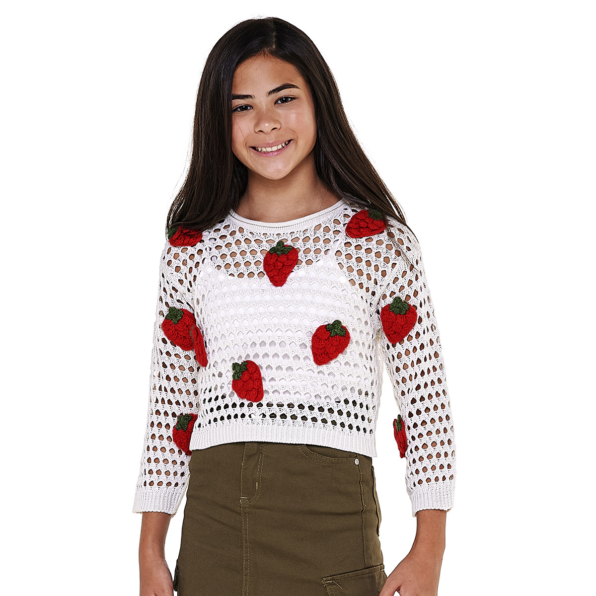 Girls (7-16) Poof Girl Long Sleeve Strawberry Crochet Sweater