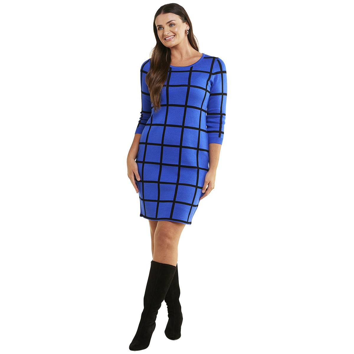 Womens Sami & Jo 3/4 Sleeve Plaid Sweater Dress