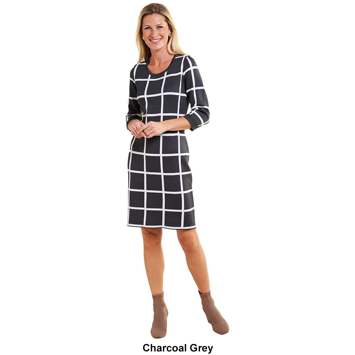 Womens Sami & Jo 3/4 Sleeve Plaid Sweater Dress