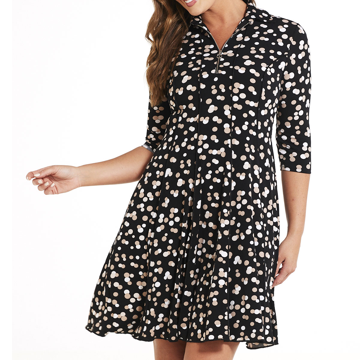 Petites Sami & Jo 3/4 Sleeve Dots Half Zip Neck A-Line Dress