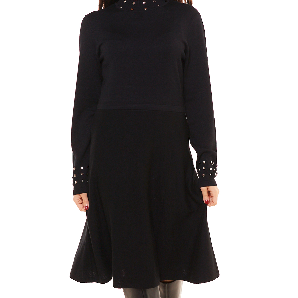 Womens Sami & Jo Long Sleeve Mock Neck Stud Trim Sweater Dress