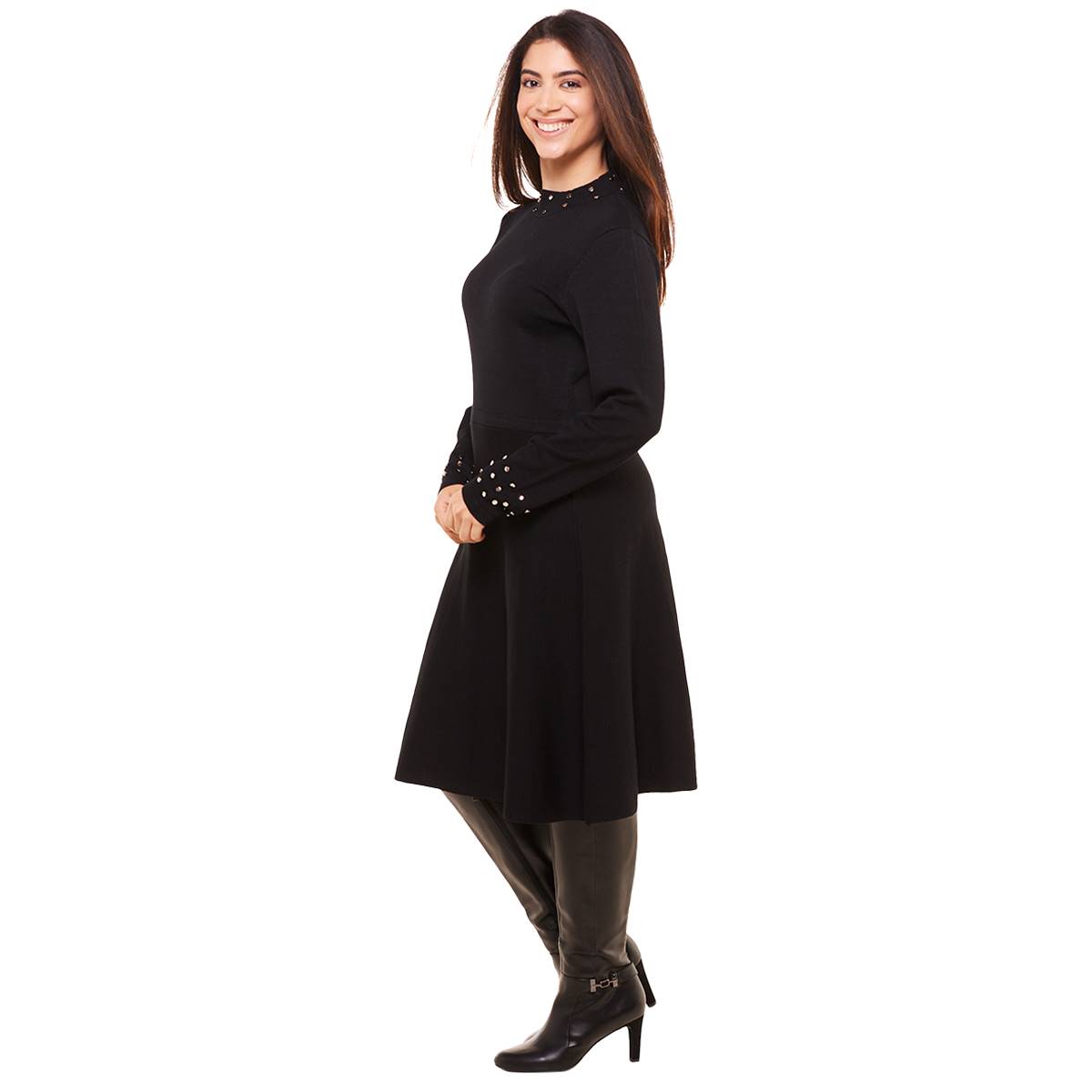 Womens Sami & Jo Long Sleeve Mock Neck Stud Trim Sweater Dress