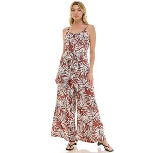 Womens Luxology Sleeveless Tropical Leaf Bead Trim Jumpsuit