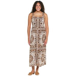 Womens Luxology Sleeveless Smocked Back Floral Linen Maxi Dress
