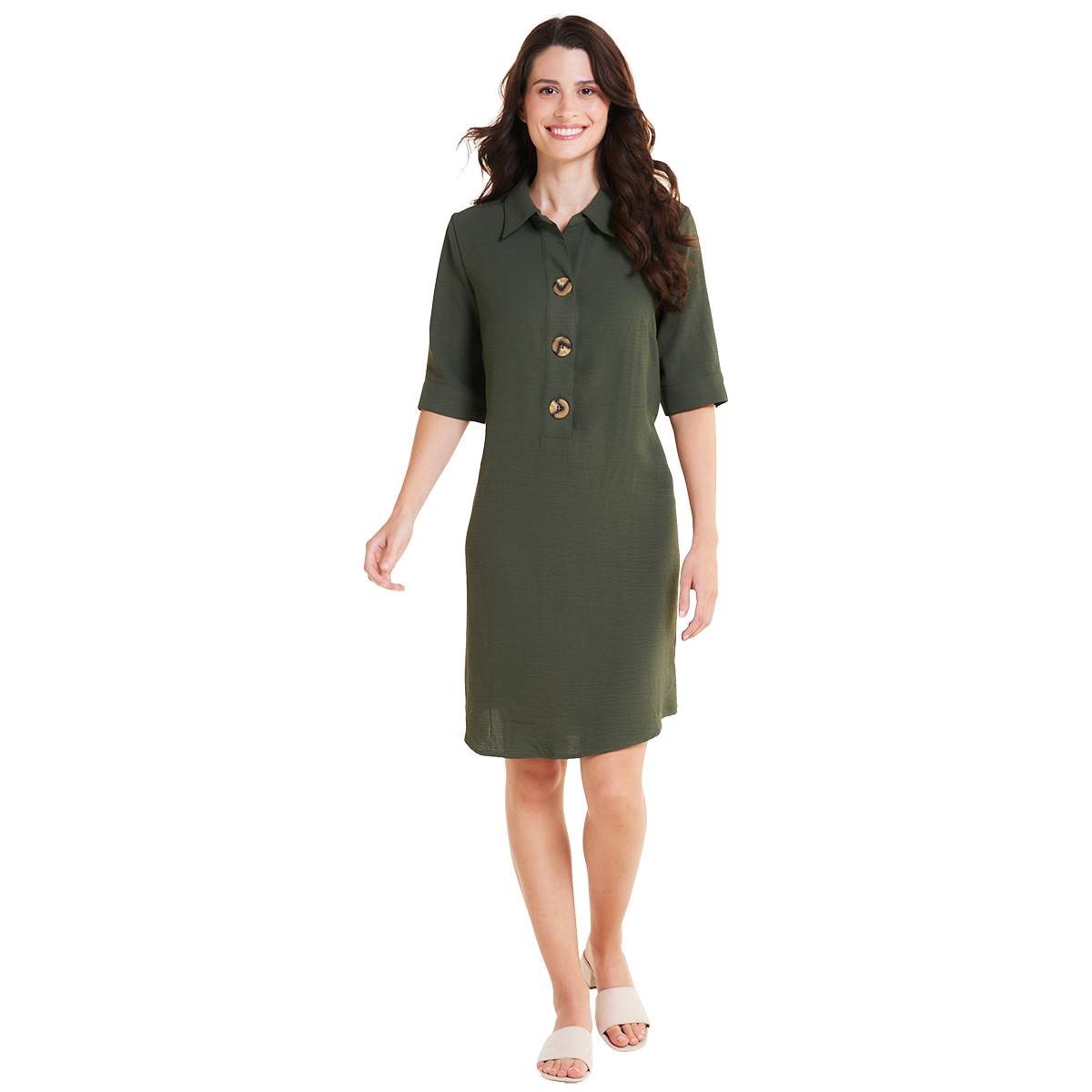 Womens Luxology Elbow Sleeve Large Button Shirtdress