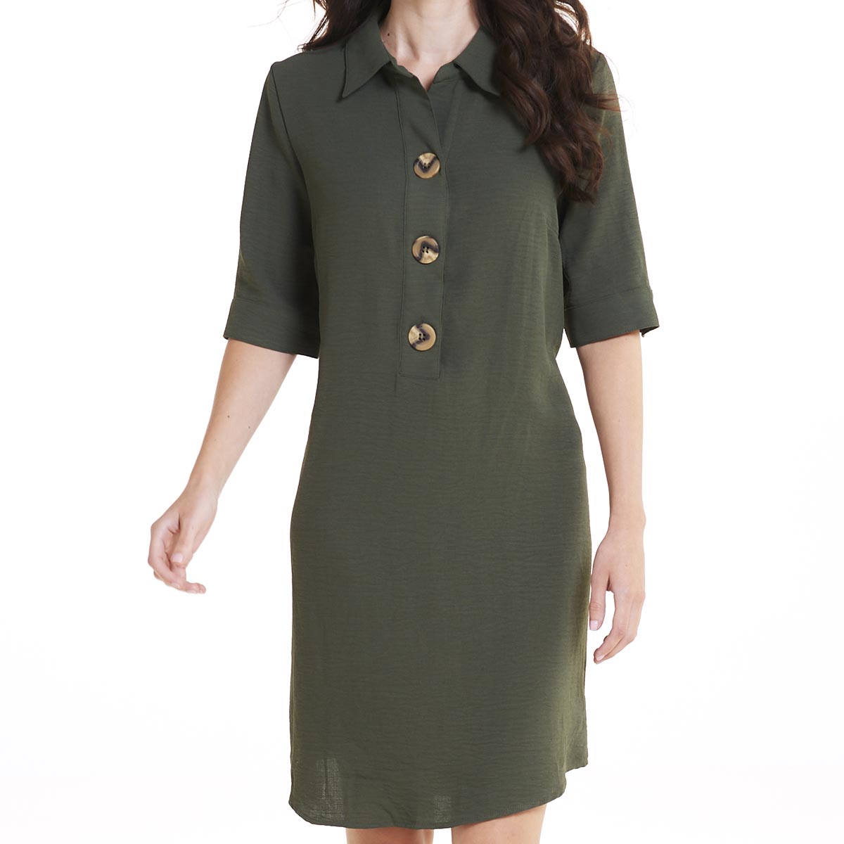 Womens Luxology Elbow Sleeve Large Button Shirtdress