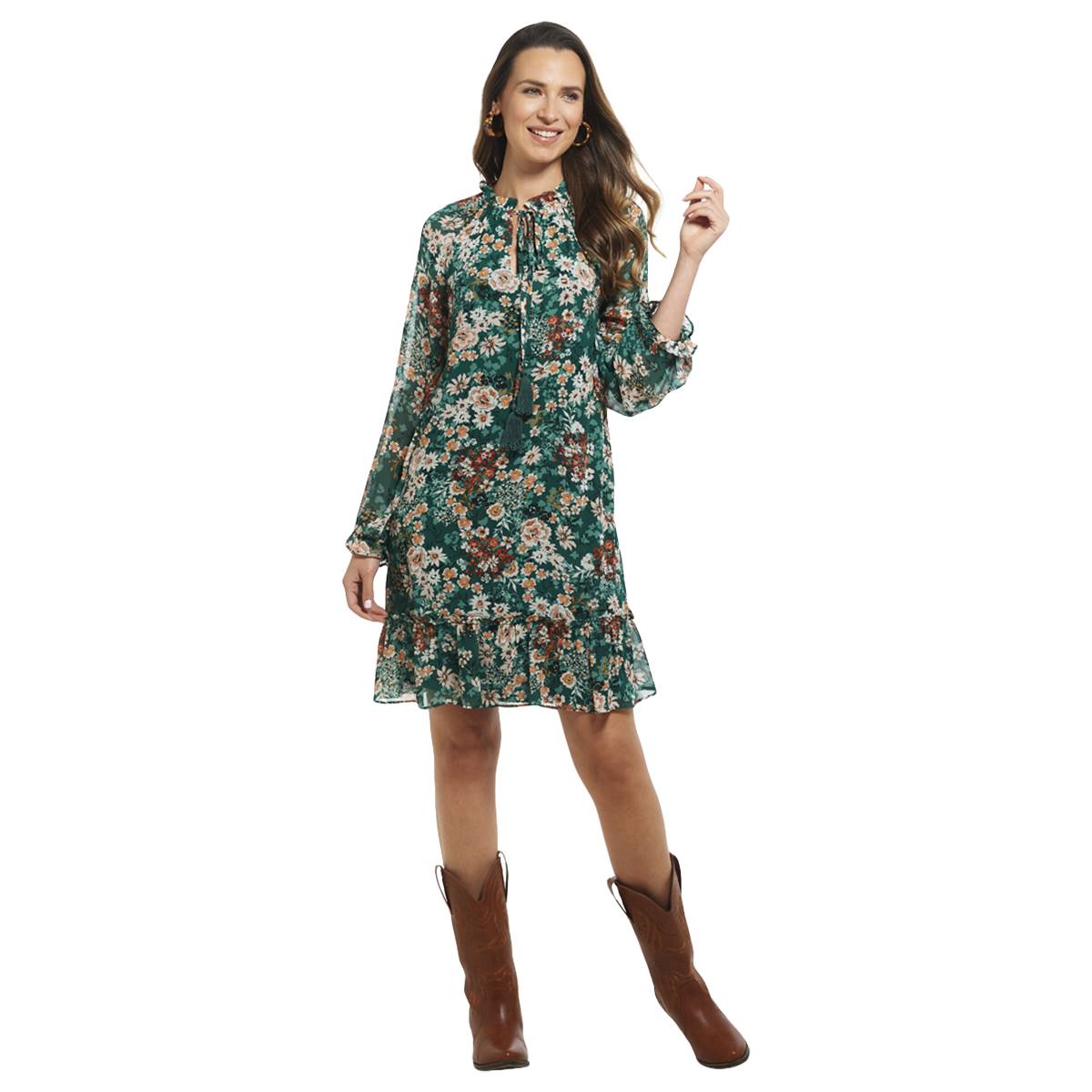 Womens Luxology Long Sleeve Floral Tier Hem Shift Dress